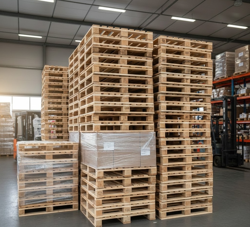 High quality wooden pallets stacked in warehouse